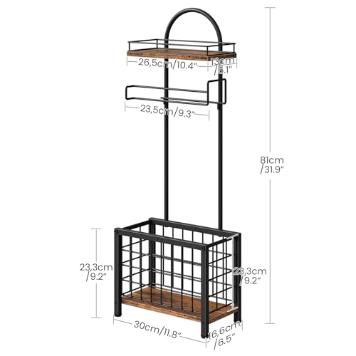 Toilet Paper Holder Stand, Freestanding Toilet Paper Holder with Shelf & Basket, Bathroom Tissue Organizer for Small Space, 3-Tier Storage for Bath Toilet Office Rustic Brown and Black TTS70BF