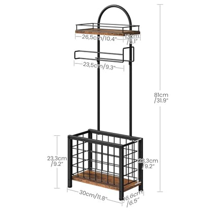 Toilet Paper Holder Stand, Freestanding Toilet Paper Holder with Shelf & Basket, Bathroom Tissue Organizer for Small Space, 3-Tier Storage for Bath Toilet Office Rustic Brown and Black TTS70BF