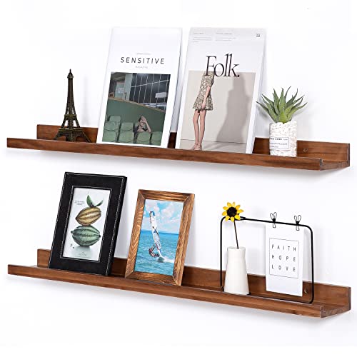 AZSKY Light Walnut Color Wood Wall Floating Shelves for Wall 36 Inch Bookshelf Wall Mount Picture Photo Frames Display Rack with Ledge Decorative Storage Shelves a Set of 2 - color: Light Walnut, size: 36in set 2