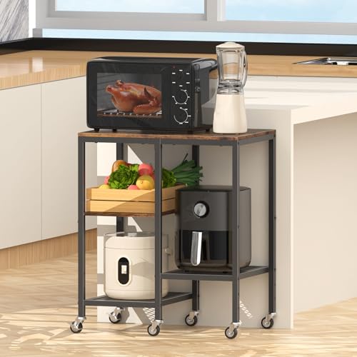 OGEMXU Kitchen Microwave Cart,Microwave Stand with Wheels,Coffee Bar Table Station,4-Tier Rolling Baker's Rack,Small Appliance Storage Shelf,Utility Side Table for Kitchen,Living Room (Rustic Brown) - color: Rustic Brown