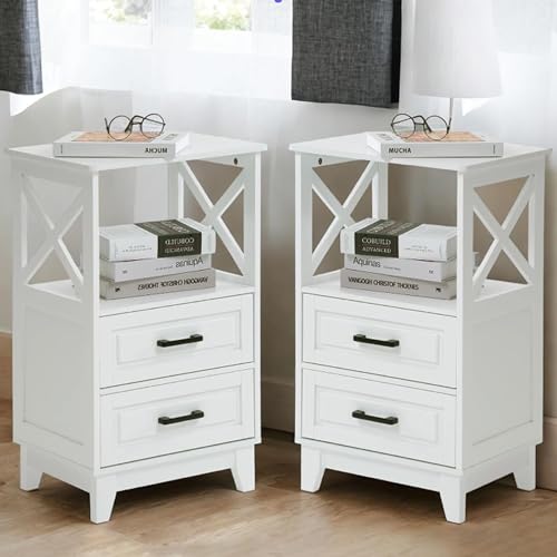 FansaFurn Tall Nightstand Wooden Rustic Bedside End Table for Bedroom, Living Room, 13" D x 18" W x 28" H(Set of 2), White - color: White, size: 13" D x 18" W x 28" H (Set of 2)