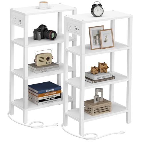 TUTOTAK Narrow Side Table Set of 2, Small End Table with Charging Station | 4-Tier Skinny Sofa Table, Slim Nightstand, Easy Assembly for Living Room, Bedroom, White TB01BW0802 - color: White, size: 4-tier