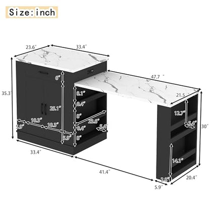 Gecheer Extendable Kitchen Island with Drawers, Double-Door Cabinets & Open Shelving – Black, 80.7" L x 33.4" W x 35.3" H – Multi-Functional Dining Table, Breakfast Bar & Tea Station