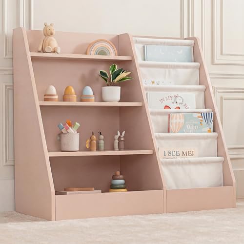 Comfy Cubs Kids Bookshelf 35.2 x 15.7 x 31.5 Inches - Sturdy MDF Montessori Book Shelf with Soft & Hard Shelves for Toys & Books - Child-Friendly, Easy Access Storage Organizer for Kids - Blush - color: Blush
