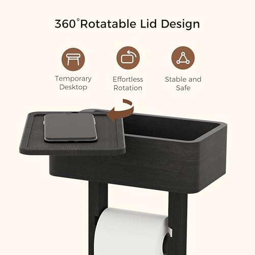 4-in-1 Black Toilet Paper Holder Stand with Storage Shelf Box, 360° Rotating Bamboo Free Standing Toilet Tissue Roll, Toilet Wipes Dispenser Organizer, Temporary Desktop for Bathroom (Patent) | 360° Rotating Bamboo Free Standing Toilet Tissue Roll, Toilet