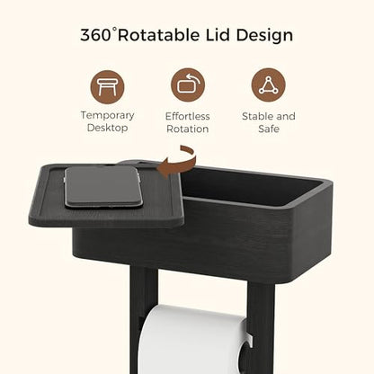 4-in-1 Black Toilet Paper Holder Stand with Storage Shelf Box, 360° Rotating Bamboo Free Standing Toilet Tissue Roll, Toilet Wipes Dispenser Organizer, Temporary Desktop for Bathroom (Patent) | 360° Rotating Bamboo Free Standing Toilet Tissue Roll, Toilet