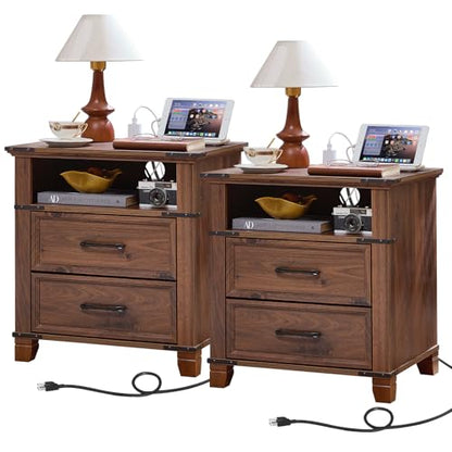 22" Farmhouse Nightstand Set of 2 with Charging Station,End Table with 2 Drawers,Rustic Wood Dresser for Bedroom,Bed Side Table Chest of Drawers Cabinet,Night Stand for Living Room,Brown - color: Brown