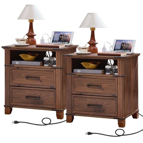 22" Farmhouse Nightstand Set of 2 with Charging Station,End Table with 2 Drawers,Rustic Wood Dresser for Bedroom,Bed Side Table Chest of Drawers Cabinet,Night Stand for Living Room,Brown - color: Brown