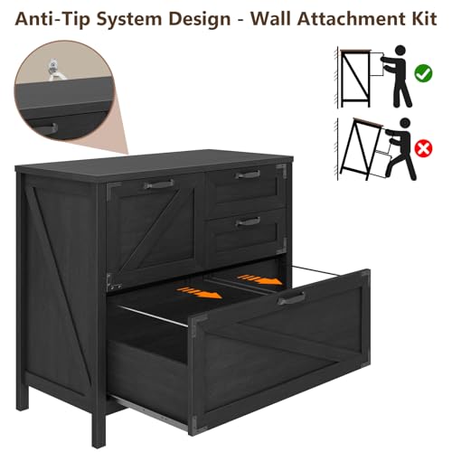 Halitaa Lateral File Cabinet with 4 Drawers, Farmhouse File Cabinet for Letter/Legal/A4 Size Hanging Files, Large Wood File Storage Cabinets Printer Stand for Home Office Cabinets, Black