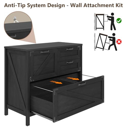 Halitaa Lateral File Cabinet with 4 Drawers, Farmhouse File Cabinet for Letter/Legal/A4 Size Hanging Files, Large Wood File Storage Cabinets Printer Stand for Home Office Cabinets, Black