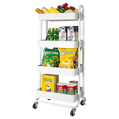 elabo 4-Tier Metal Mesh Utility Rolling Cart, Storage Organizer Trolley Services Cart with Lockable Wheels for Kitchen, Bathroom, Living Room (White) - color: White