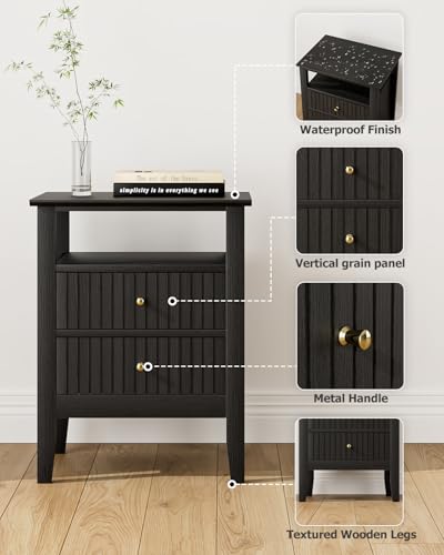 Fluted Nightstand, Farmhouse Night Stand with 2 Drawers, Mid Century Modern Side Accent Table,Bedside End Table for Bedroom, Living Room, Black - color: Black, size: 2 Drawers