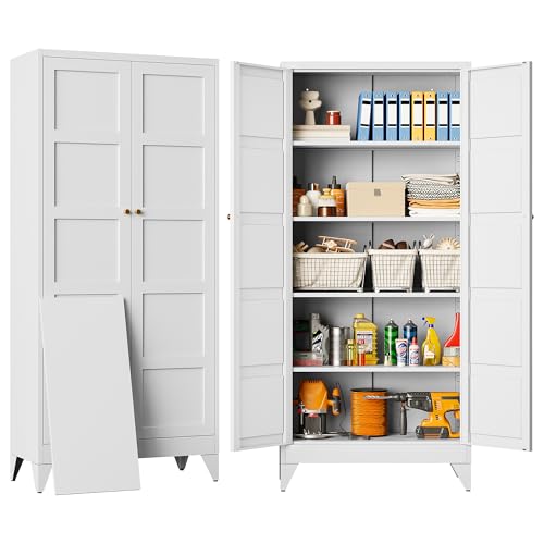 SISESOL Wide & Deep Pantry Storage Cabinet with 2 Doors and 5 Shelves,72 inch Tall Metal Storage Cabinet,Large Cupboard,White Cabinets for Home,Kitchen,Bathroom,Dining/Living Room - color: White, size: 72"H