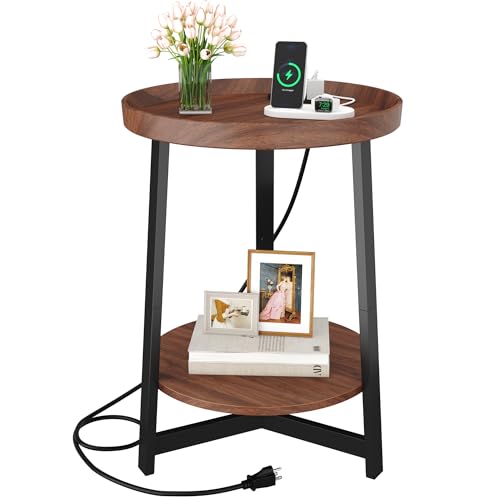 Round Industrial Side Table with Charging Station,2-Tier Round End Table with USB Port & Power Outlet, Nightstand with Metal Frame for Small Spaces, Living Room, Bedroom, Cherry - color: Cherry, style: With Charging Station