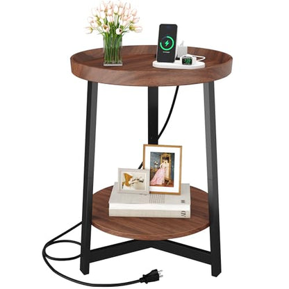 Round Industrial Side Table with Charging Station,2-Tier Round End Table with USB Port & Power Outlet, Nightstand with Metal Frame for Small Spaces, Living Room, Bedroom, Cherry - color: Cherry, style: With Charging Station