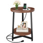 Round Industrial Side Table with Charging Station,2-Tier Round End Table with USB Port & Power Outlet, Nightstand with Metal Frame for Small Spaces, Living Room, Bedroom, Cherry - color: Cherry, style: With Charging Station