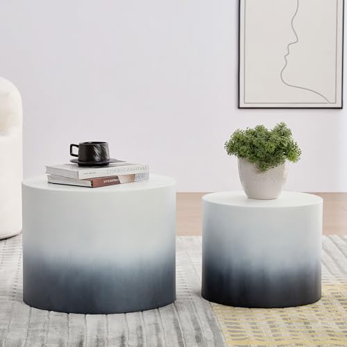 Round Coffee Table Set of 2, Nesting Coffee Table and End Table Set Wood Small Circle Drum Side Table for Living Room Office, No Assembly,Black&White - color: Black&white