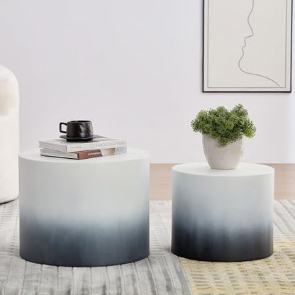 Round Coffee Table Set of 2, Nesting Coffee Table and End Table Set Wood Small Circle Drum Side Table for Living Room Office, No Assembly,Black&White - color: Black&white