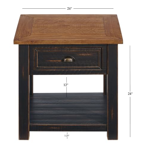 Monterey Farmhouse Rustic End Table, Solid Pine Wood Coastal Side Table with Drawer and Shelf. Black and Honey. | Farmhouse Rustic, Coastal Side Table, Drawer and Storage Shelf - color: Black and Honey