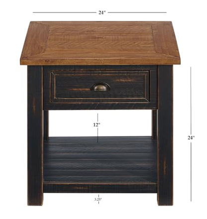 Monterey Farmhouse Rustic End Table, Solid Pine Wood Coastal Side Table with Drawer and Shelf. Black and Honey. | Farmhouse Rustic, Coastal Side Table, Drawer and Storage Shelf - color: Black and Honey