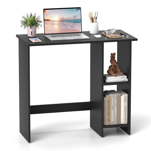 Giantex Small Desk, Compact Study Writing Desk with 3-Position Adjustable Shelf, Anti-Toppling Kit, Modern PC Laptop Table, Home Office Computer Workstation for Small Space Bedroom Dorm, Black - color: Black