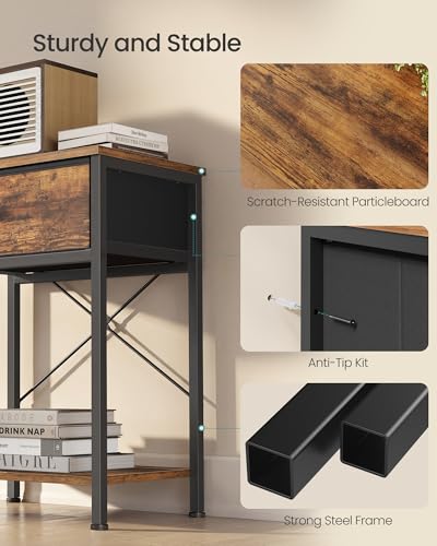 SONGMICS Nightstands, Small Side Table with Fabric Drawer, Narrow End Tables, Set of 2, 15.6 x 11.8 x 23.8 in, Bedroom Furniture for Small Spaces, Rustic Brown, BELLAH Collection ULGS111K101S | Side Table for Bedroom, Living Room, Set of 2, Rustic Brown,