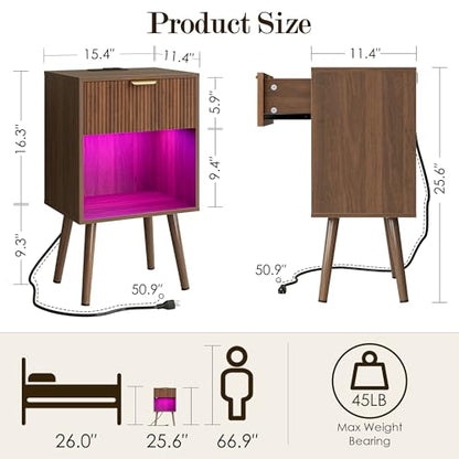 Walnut Fluted Nightstand, Modern Bedside Table with Storage Drawer, Wood Night Stand Side End Table for Bedroom, Living Room, Office