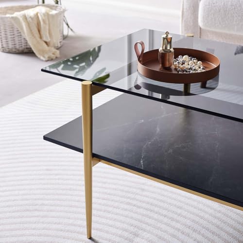 LumFurn Rectangle Coffee Table for Living Room, Mid-Century Modern Design, L41 x W21 x H17, 2-Tier Structure, Clear Glass Top and Black Marble Wood Shelf, Conical Metal Legs with Gold Finish - color: Grey & Black Marble, size: L41" Rectangle Coffee Table