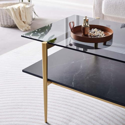 LumFurn Rectangle Coffee Table for Living Room, Mid-Century Modern Design, L41 x W21 x H17, 2-Tier Structure, Clear Glass Top and Black Marble Wood Shelf, Conical Metal Legs with Gold Finish - color: Grey & Black Marble, size: L41" Rectangle Coffee Table