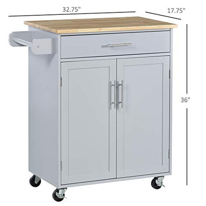HOMCOM Kitchen Island Cart, Rolling Island Table with Solid Wood Top, Trolley Cart with Drawer, Storage Cabinet & Towel Rack, Gray - color: Grey