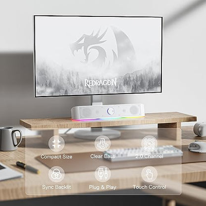 Redragon GS560 RGB Desktop Soundbar, 2.0 Channel Computer Speaker with Dynamic Lighting Bar Audio-Light Sync/Display, Touch-Control Backlit with Volume Knob, USB Powered w/ 3.5mm Cable, White - color: White