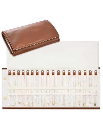 Lolalet Travel Necklace Organizer, Foldable Jewelry Case, Caramel, 18 Slots | Tangle-Free, Roll Up, PU Outer, Velvet Lining, Space-Saving, for Chains Bracelets, Gift for Women Girls Daughters Friends - color: Caramel, size: Large, 18 Slots