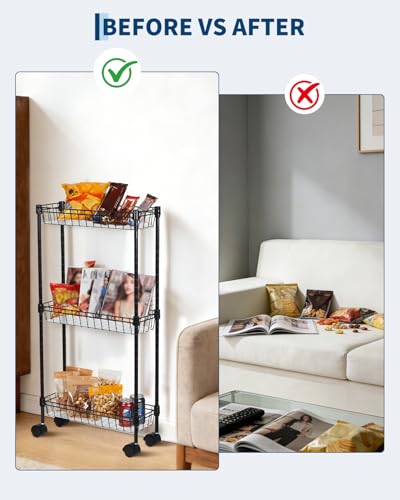 4-Tier Slim Rolling Storage Cart, 5.91" Wide Narrow Metal Utility Cart on Wheels, Multi-Functional Adjustable Shelving Unit with Anti-Fall Pads for Kitchen Gap, Bathroom, Laundry Room, Black - size: 3-tier