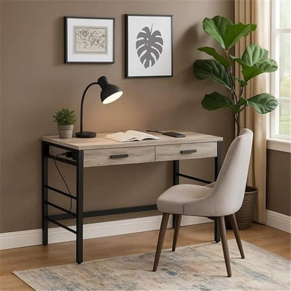 Pemberly Row Industrial Writing Desk, Weathered Oak Finish, Metal Ladder Base, USB Ports, 2 Drawers, Crossbar Support, Contemporary Home Office Desk for Writing and Productivity