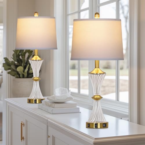 Rinweey Crystal Glass Table Lamp Set of 2 with USB C+A Ports & AC Outlet, White Lamp, Modern Bedroom Lamps, Gold Lamp for Night Stands Bedroom Living Room,Nightstand Lamp LED Bulbs Included - color: Gold