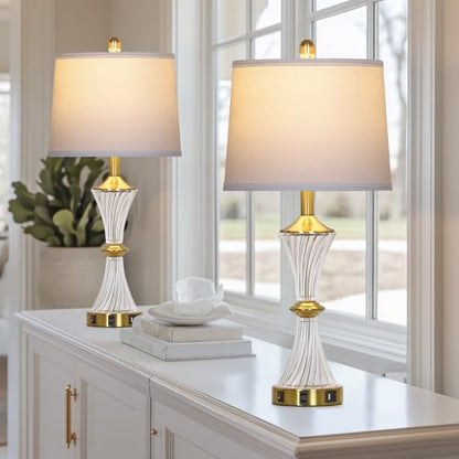Rinweey Crystal Glass Table Lamp Set of 2 with USB C+A Ports & AC Outlet, White Lamp, Modern Bedroom Lamps, Gold Lamp for Night Stands Bedroom Living Room,Nightstand Lamp LED Bulbs Included - color: Gold