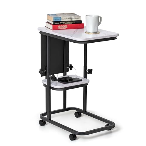C Shaped End Table with Charging Station, Adjustable Height with Lockable Wheels & Storage Pouch, Rolling Side Table Slide Under Couch Laptop Desk, Small Sofa Table for Living Room (Large) - size: Large