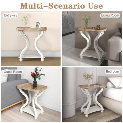 Kinfant Set of 2 Farmhouse Accent End Table with Natural Tray, Solid Wood Frame Rustic Side Table with Shelf, Nightstand for Dinning, Living Room, Bedroom - style: 2-pack-White and Wood
