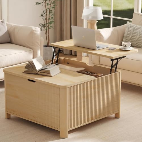 LYNCOHOME 31.5" Fluted Lift Top Coffee Table with Storage, Square Coffee Tables for Living Room, Coffee Table with Large Hidden Storage Compartment and Adjustable Shelves，Natural - color: Natural, size: 31.5''D x 31.5''W x 18.5''H