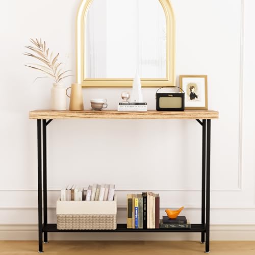 Acovy Industrial Solid Wood Console Table, 2 Tier Entryway Table with Storage Shelves, Narrow Sofa Table for Living Room, Hallway, Foyer, Entryway, Rustic Brown