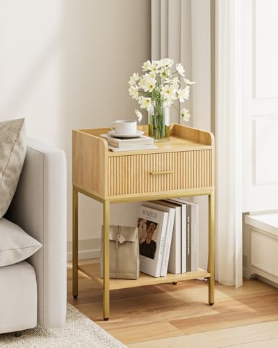 Nightstand, 3-Tier Bed Side Table, Small End Table, Night Stand with Open Shelf and Drawer, Bedside Table for Bedroom, Living Room, Oak - color: Oak, style: Without Charging Station