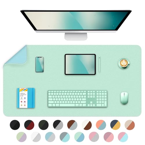 Bleswin Multifunctional Large Desk Mat, Double Sided Computer Desk pad, Extended Mouse Mat, Office Desk Protector with Waterproof PU Leather, 35.4''×16.9'', Office Home Writing Pad (Lake Green+Blue) - color: Lake Green+blue, size: 35.4'' × 16.9''