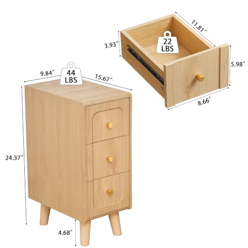 Narrow Nightstands with 3 Drawers, Wooden Farmhouse Bedside Tables, Slim End Tables with Storage, Small Night Stand for Bedroom, Living Room, Small Spaces - color: Natural-3drawers-1pcs