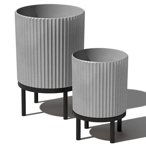 Veradek Demi Series Round Planter w/Stand for Porch/Patio | Durable Plastic-Stone Composite & Wooden Stand | Modern Décor for Tall Plants, Flowers - color: Gray/Black, size: Bundle