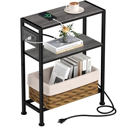 Small Narrow Side Table with Charging Station, Skinny End Table for Small Spaces, Slim Nightstand with Outlets, Sofa Bedside Table in Living Room, Bedroom, Study, Kitchen and Balcony(Grey) - color: Grey