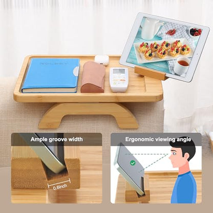 SINWANT Couch Arm Tray Table, Large Space 15.75"x 11.8" Bamboo Couch Armrest Table with 360° Rotating Phone Holder,Foldable Sofa Armrest Tray for Eating Snacks Drinks Remote Books - color: Large Natural