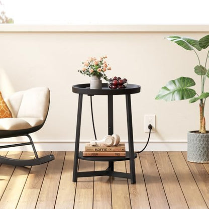 Round Industrial Side Table with Charging Station,2-Tier Round End Table with USB Port & Power Outlet, Nightstand with Metal Frame for Small Spaces, Living Room, Bedroom, Black - color: Black, style: With Charging Station
