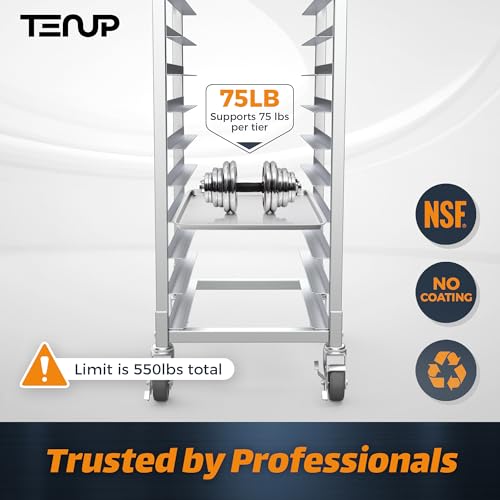 TenUp 10-Tier Half Size Sheet Pan Rack, Heavy-Duty Aluminum Bakery Rack with Wheels – Commercial Cooling & Storage Cart – 18" L x 15.5" W x 36" H - size: Half Size 10-Tier