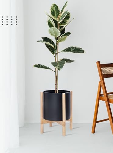 D'vine Dev Plastic Pot with Natural Wood Stand, Black, 12 in, 55-C-P-2 | Mid-Century Inspired Design, Elevated Plant Display, Clean Lines, Sturdy Support, Modern Space-Saving Style - color: Matte Black Pot + Natural Stand, size: 12 Inch