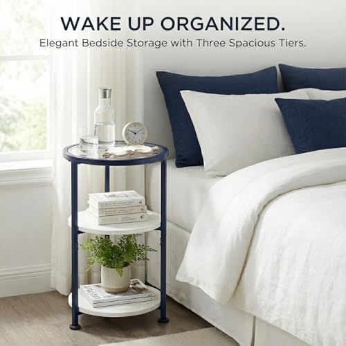Modern 3-Tier Round Side Table with Glass Top, Small End Table for Small Spaces, 22" High Bedside Table with White Shelves and Navy Blue Frame, Stylish Metal Nightstand for Living Room Bedroom - color: White + Navy Blue